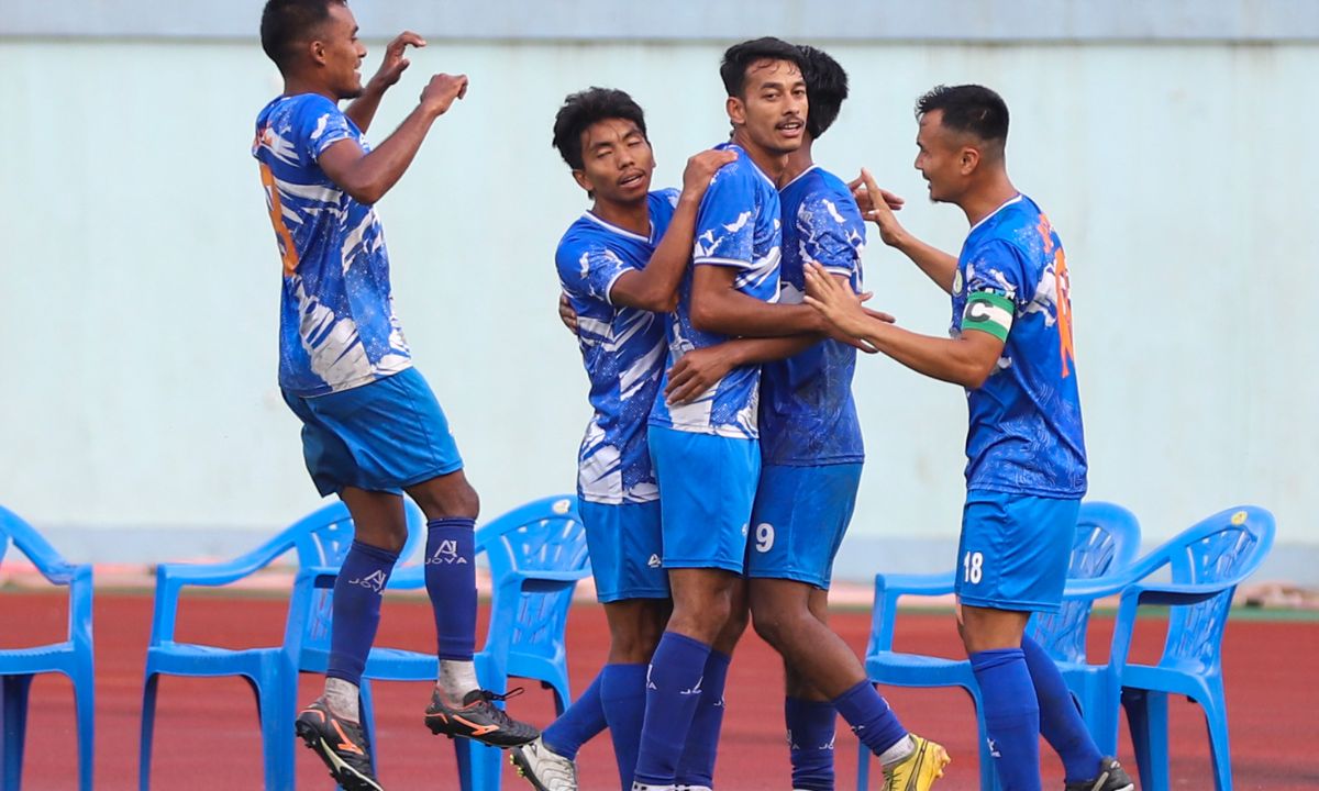 Jhapa FC players celebrate goal during B Division League match