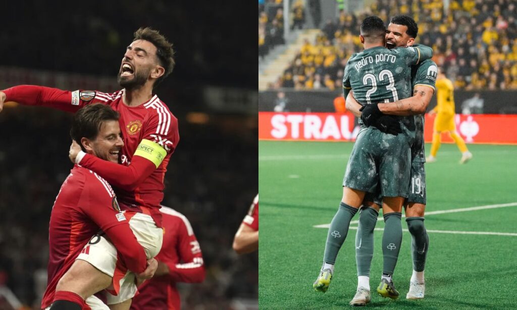 Manchester United and Spurs players celebrate reaching the Europa League final