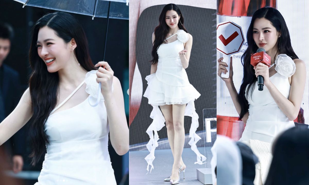 Lingling Kwong in white dress at PROYA ambassador event in Hangzhou, China